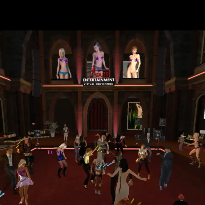 virtual nightclub crowd dancing under bright lights