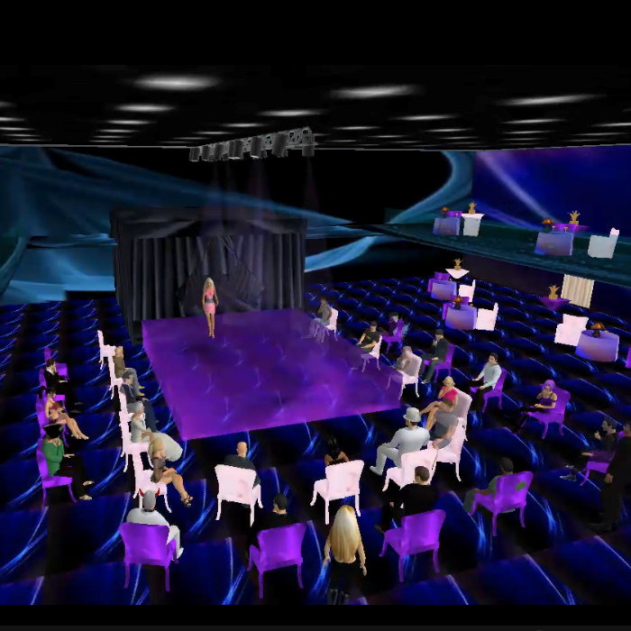 Group of avatars chatting together at a fashion show