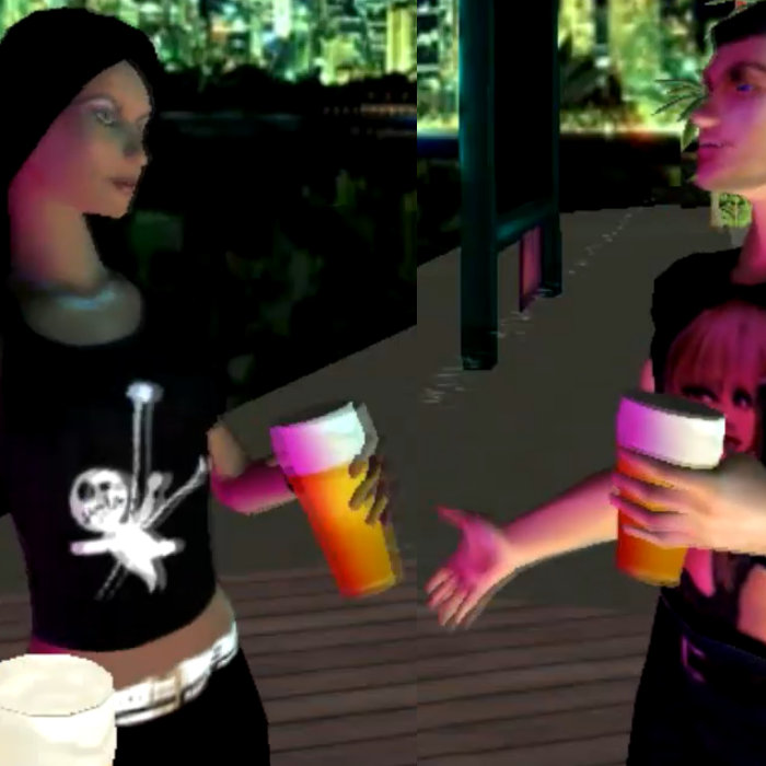 Virtual rooftop bar with avatars chatting and drinking