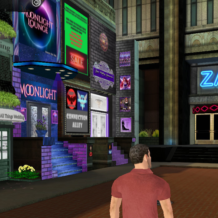 Neon digital city full of social venues and hangouts